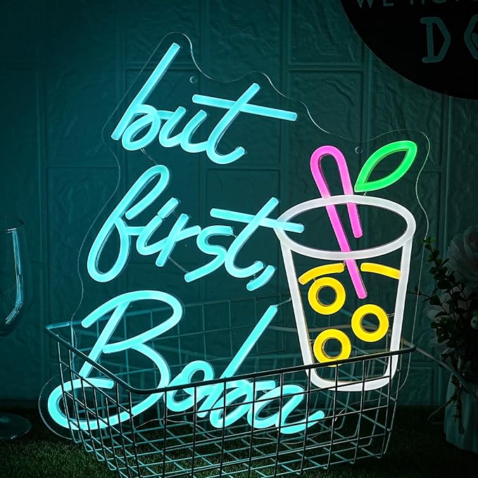 But First Boba Neon Sign Bubble Tea with Cup Neon Sign for Wall Decor Milk Tea Neon Lights Dimmable LED Neon Light Signs for Restaurant Coffee Dessert Shop Party(15.2 * 13in)