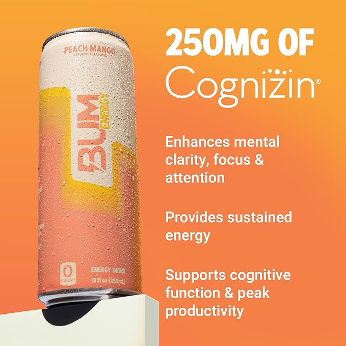 BUM Sugar-Free Energy Drink, Peach Mango - Lightly Carbonated & No Artificial Colors, Natural Caffeine & Citicoline for Energy & Focus, Brain Boost & Workout Sports Beverage - 12 oz, Pack of 12