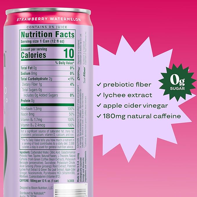 Bloom Nutrition Sparkling Energy Drink - Natural Caffeine, Zero Sugar, 180mg Caffeine - Antioxidant-Rich with Green Coffee Bean, Green Tea Extract, Prebiotics - Strawberry Watermelon - 12oz 12 Pack