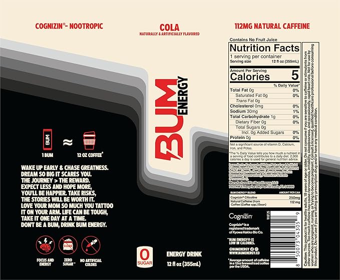 BUM Sugar-Free Energy Drink, Variety Pack - Lightly Carbonated & No Artificial Colors, Natural Caffeine & Citicoline for Energy & Focus, Brain Boost & Workout Sports Beverage - 12 oz, Pack of 12