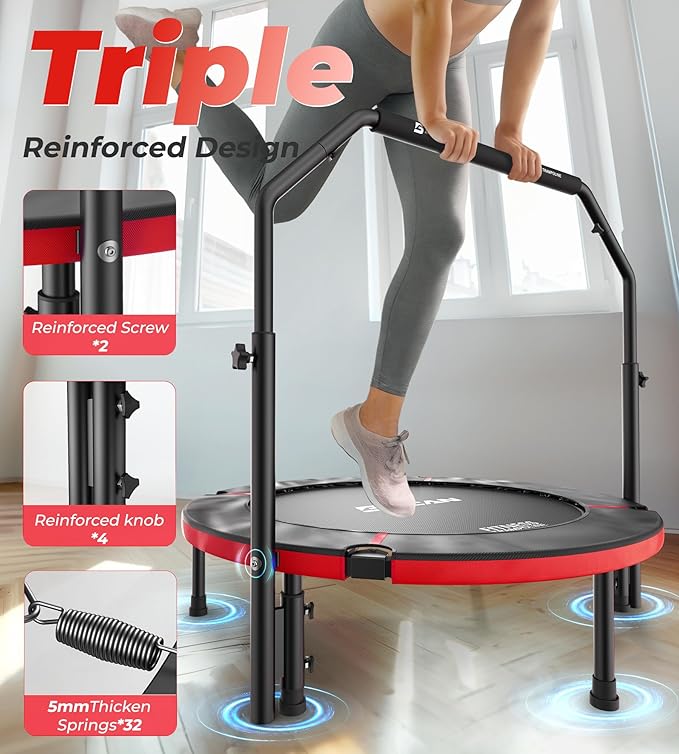 BCAN 40"/48" Foldable Mini Trampoline, Rebounder Trampoline for Adults, U/T Shape Adjustable Foam Handle, Exercise Rebounder for Adults Indoor/Garden Workout, Max Load 330lbs/440lbs