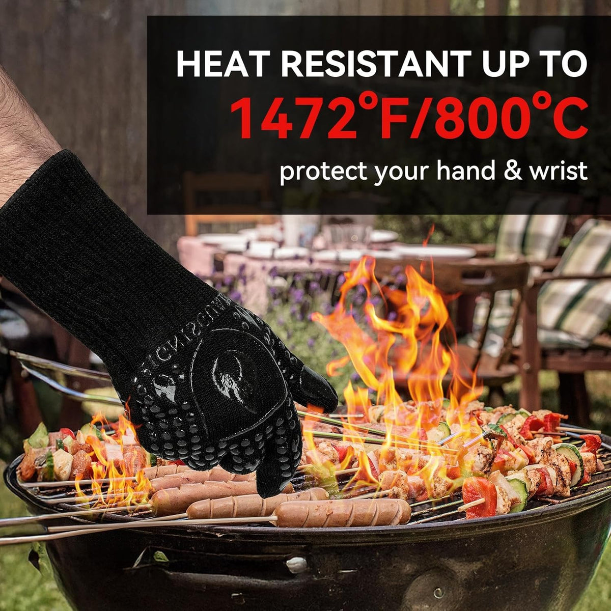 BBQ & Grill Gloves, Oven Gloves, 1472°F Silicone Oven Mitts Heat Resistant Grilling Gloves Fireproof Non-Slip for Barbecue Cooking Baking Smoking, 1-Pair Black（M）