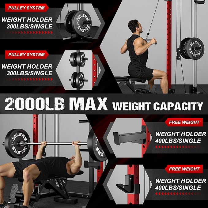 Power Cage, 2000LBS Multi-Function C21 Power Rack with Dual Pulley Cable Crossover System, All-in-One Squat Rack with More Training Attachments