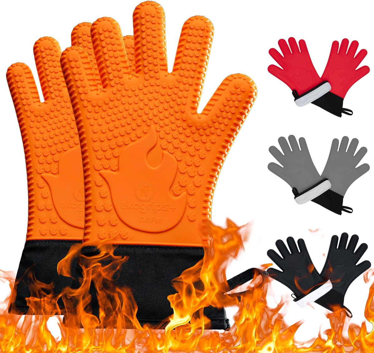 Ekogrips+ Premium Silicone Oven Mitts - Comfy, Waterproof, Heat Resistant BBQ Gloves for Grilling, Long Cuff for Added Protection, 5 Finger Dexterity, 3 Sizes, 4 Colors, L/XL, Orange