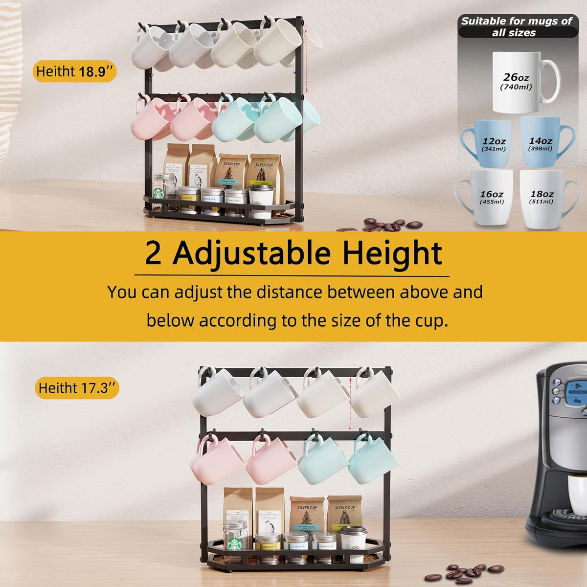 Coffee Mug Holder with Movable Hooks,16 Capacity Coffee Cup Holder for Countertop, Metal Mug Tree Holder Rack with Storage Base,Home Storage Mug Organizer adjustable Heights (Black)