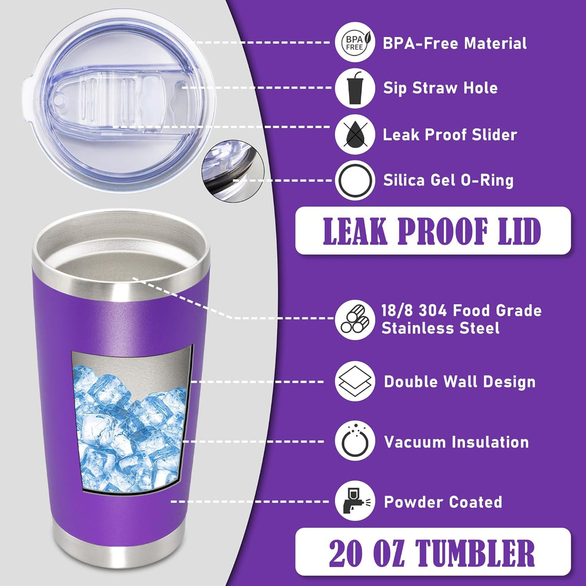 20 oz Tumbler Coffee Tavel Tumblers Bulk with Lid Stainless Steel Double Wall Vacuum Insulated Mug Powder Coated Cups fit Car Cupholder for Hot and Cold - Purple, 4Pack