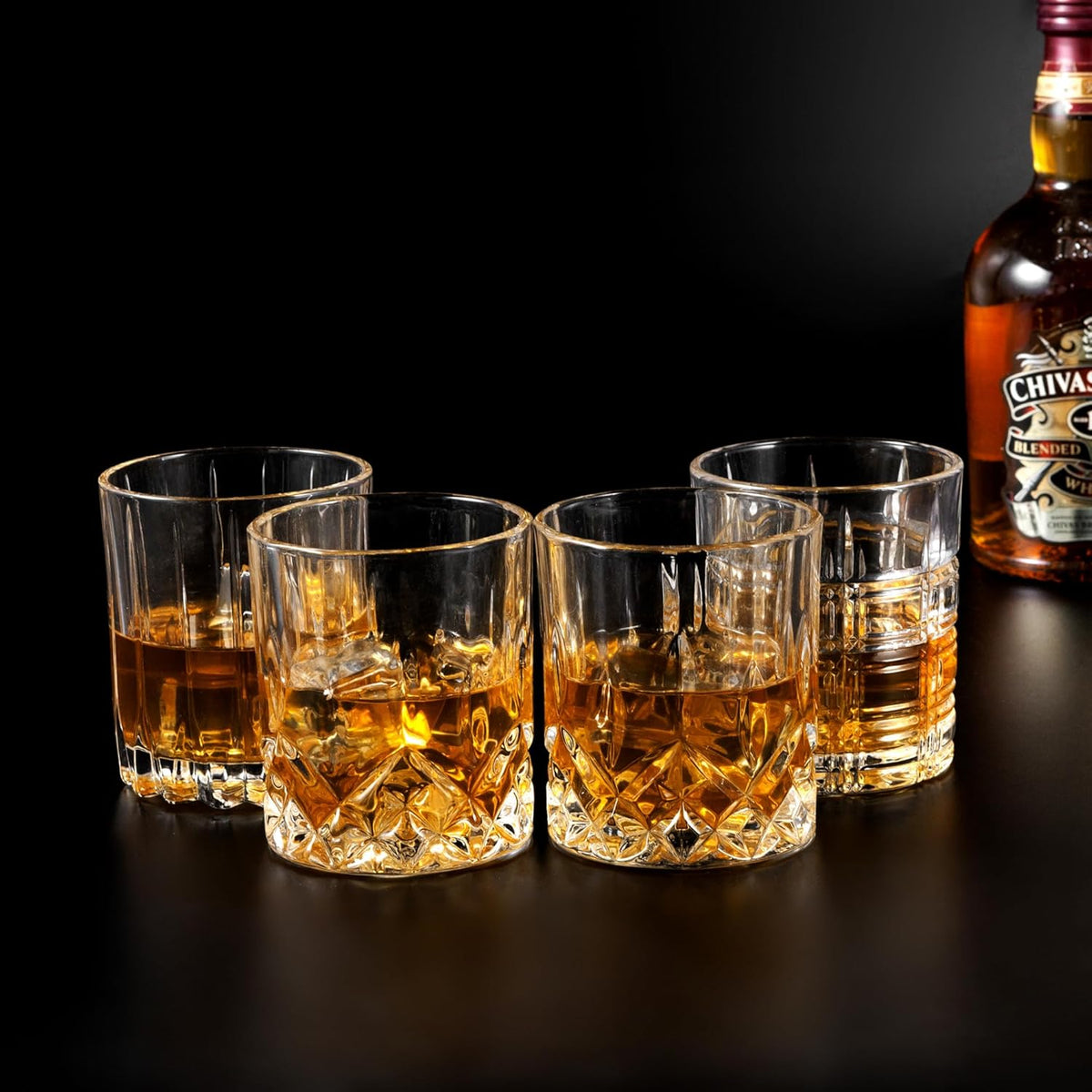KANARS Old Fashioned Whiskey Glasses - Multi Designs Bourbon Glass 10 oz with Luxury Box - Ultra Clear Crystal Rocks Barware for Scotch, Irish Whisky, Rum and Cocktail - Set of 4