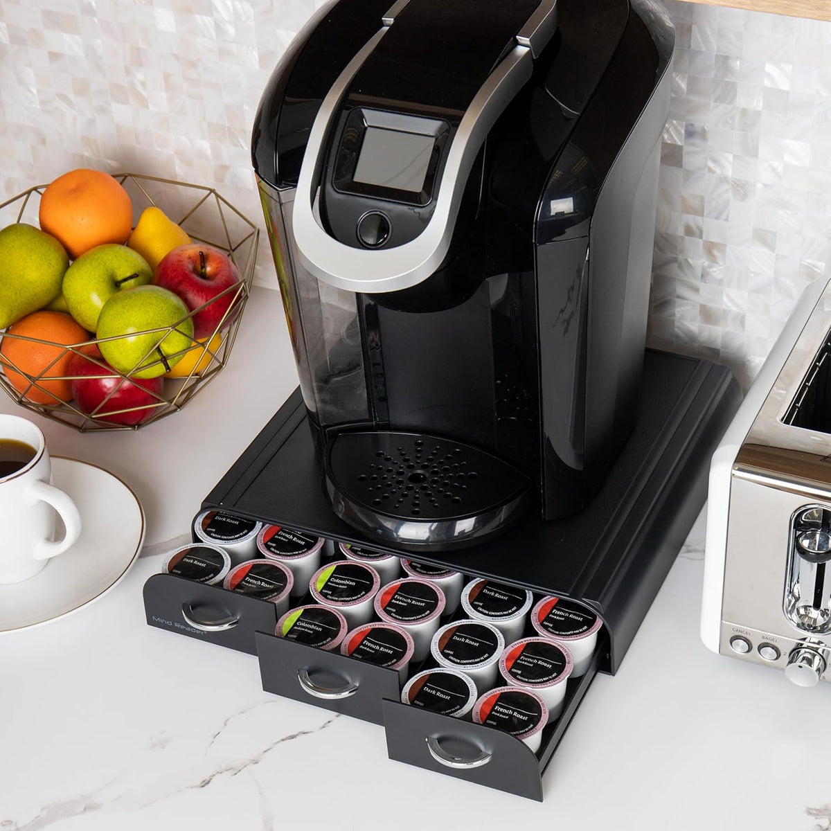 Mind Reader Single Serve Coffee Pod Organizer with 3 Drawers, 36 Pod Capacity, 13.5"L x 12.25"W x 2.5"H, Black (Pack of 8)