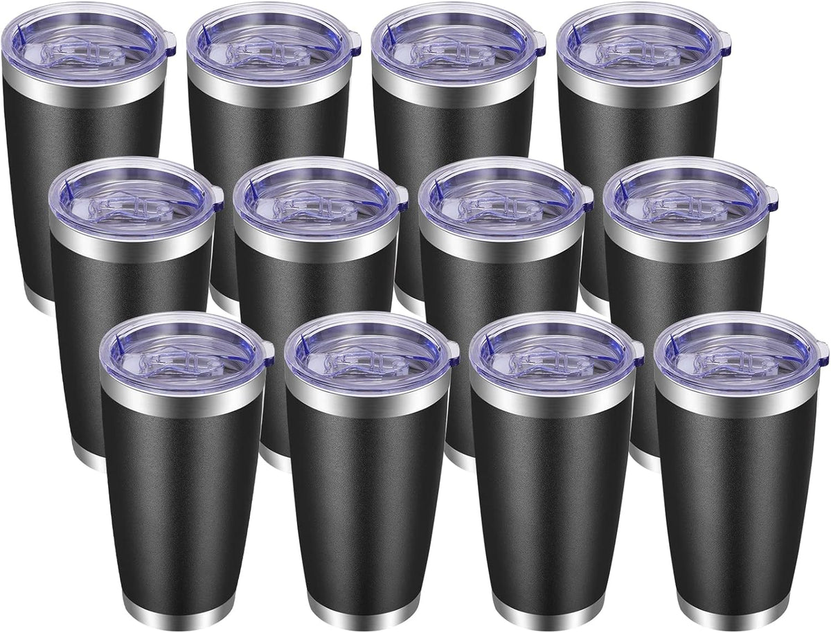 VEGOND 20oz Tumbler with Lid and Straw Stainless Steel Tumbler Cup Bulk Vacuum Insulated Double Wall Travel Coffee Mug Powder Coated Coffee Cup, Black 12 Pack