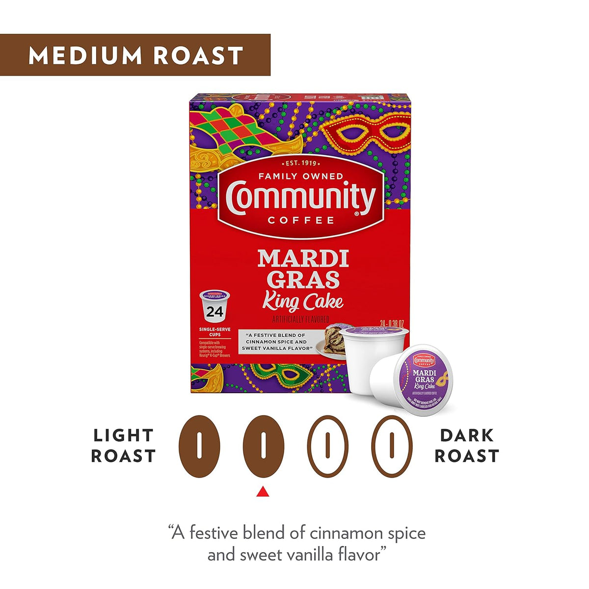 Community Coffee Mardi Gras King Cake Flavored 12 Count Coffee Pods, Medium Roast, Compatible with Keurig 2.0 K-Cup Brewers, 12 Count (Pack of1)