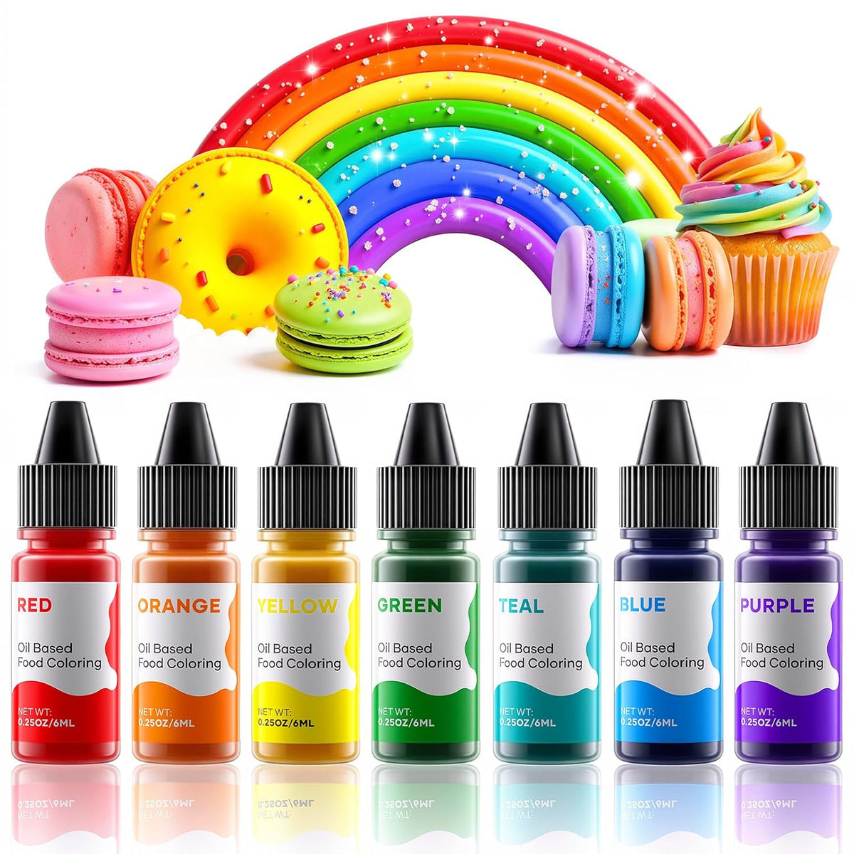 Oil Based Food Coloring for Chocolate Rainbow Oil Edible Food Dye Set for Baking Royal Icing Cookie Supplies Gluten Free 7x6ml Food Grade Food Color Kit, 0.25 Fl. Oz/Bottles