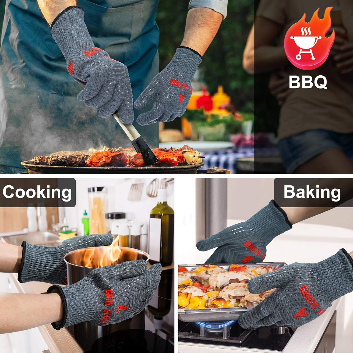 QUWIN BBQ Gloves, Oven Gloves 1472℉ Extreme Heat Resistant, Grilling Gloves Silicone Non-Slip Oven Mitts, Kitchen Gloves for BBQ, Grilling, Cooking, Baking-1 Pair… (Grey, One Size Fits Most)