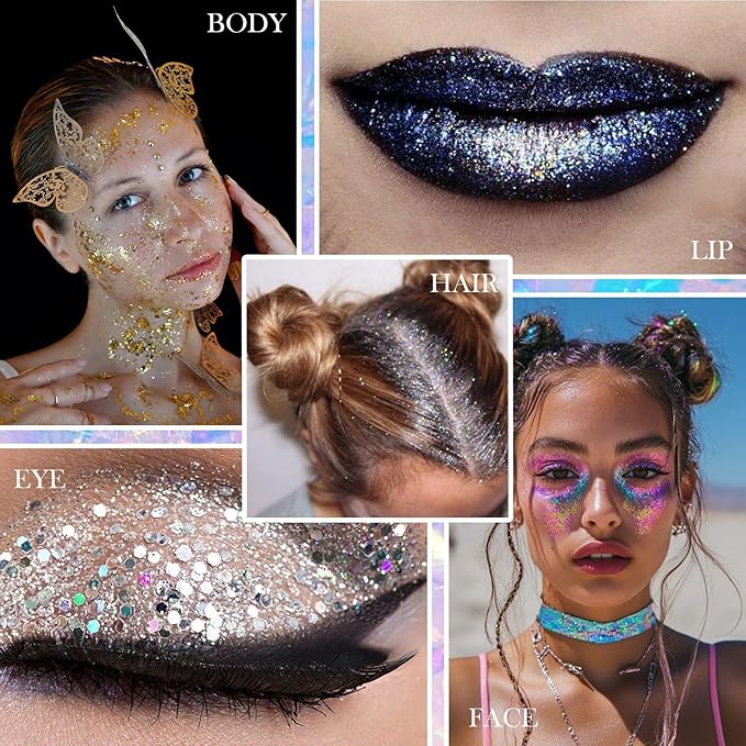 Body Face Glitter Makeup for Kids Women, Sparkly Chunky Hair Glitter, Mermaid Birthday Decorations Rave Outfits for Women (Gold Body Glitter)