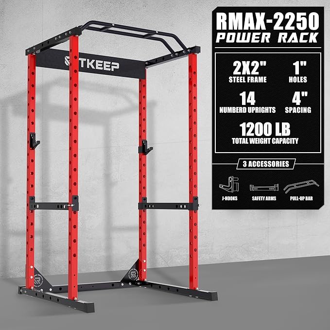 RitKeep Power Rack RMAX 2250 Multi-Function Power Cage for Strength Training - 1200lb Capacity Squat Rack with Multi-Grip Pull-Up Bar, Safety Bars, and J-Hook for Home Gym