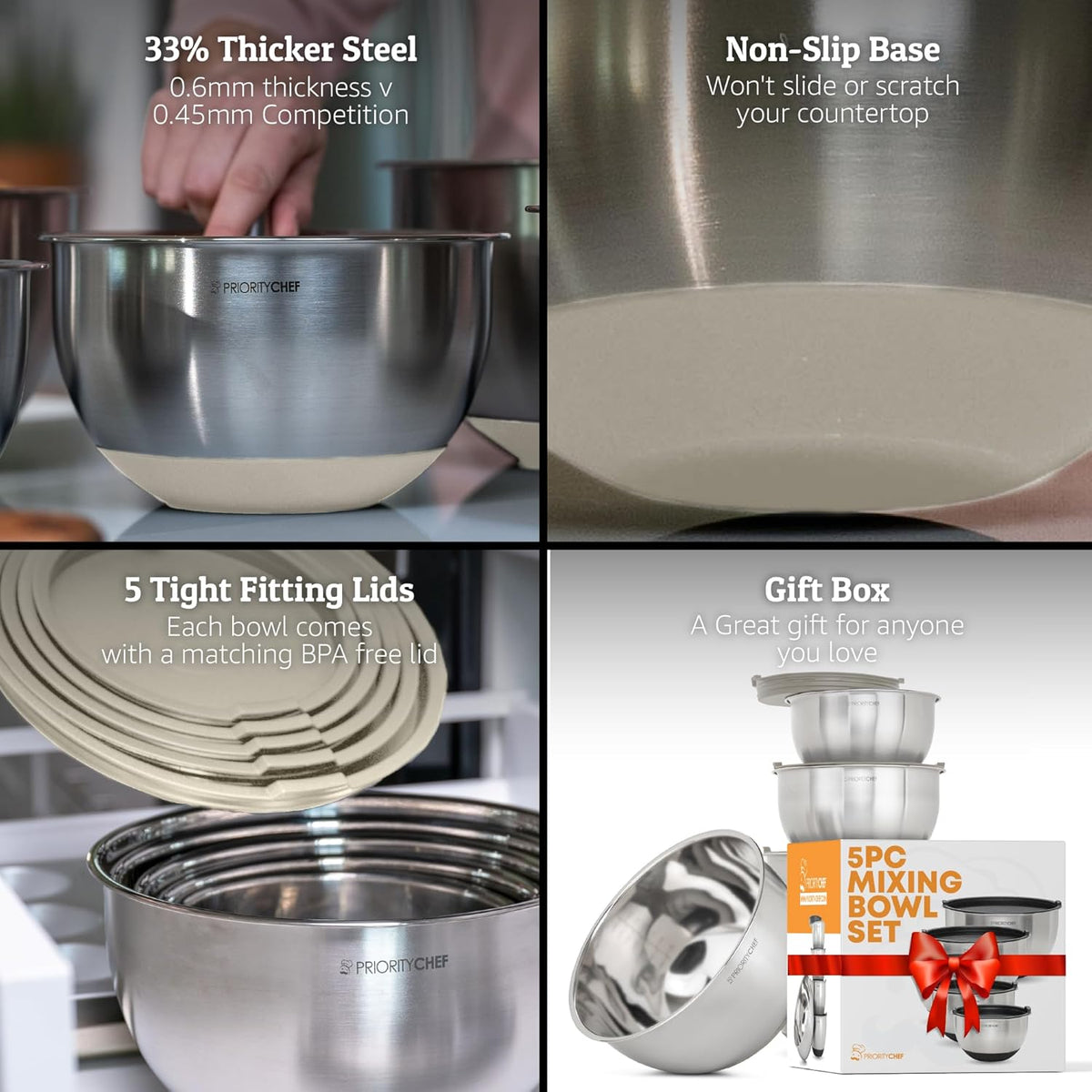 Priority Chef Premium Mixing Bowls With Airtight Lids Set, Thicker Stainless Steel Mixing Bowl Set, Large Prep Metal Bowls with Lids, Nesting Bowls for Kitchen, 1.5/2/3/4/5 Qrt, Khaki