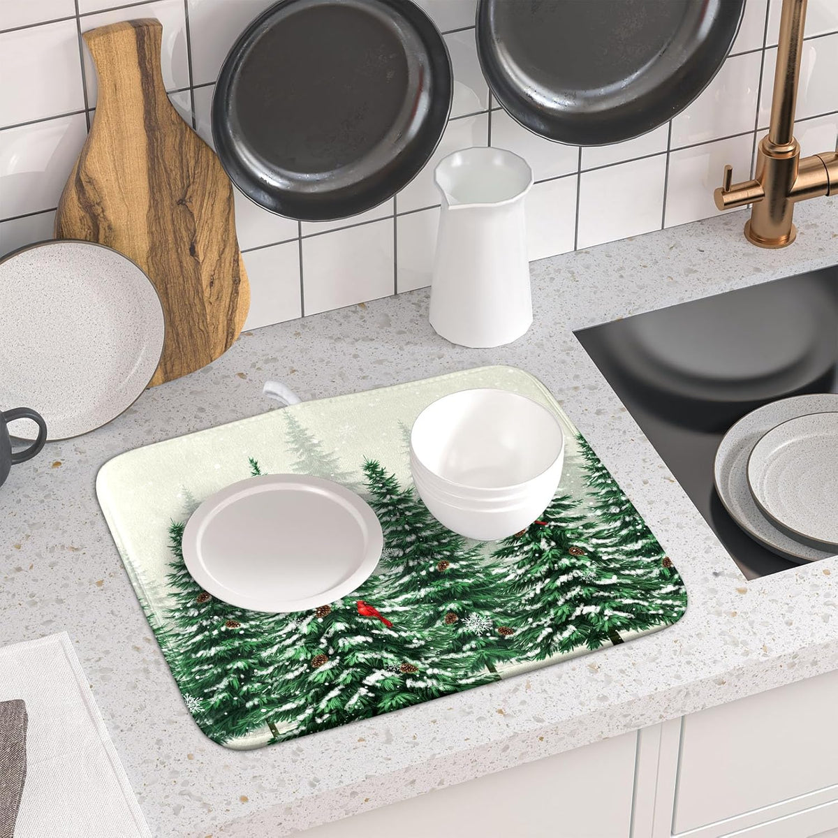 Winter Green Pine Tree Dish Drying Mat for Kitchen Counter,Red Bird Snowflake Drying Mat 16 x 18 Inch with High Absorbent Microfiber Drainer Mat for Coffee Bar