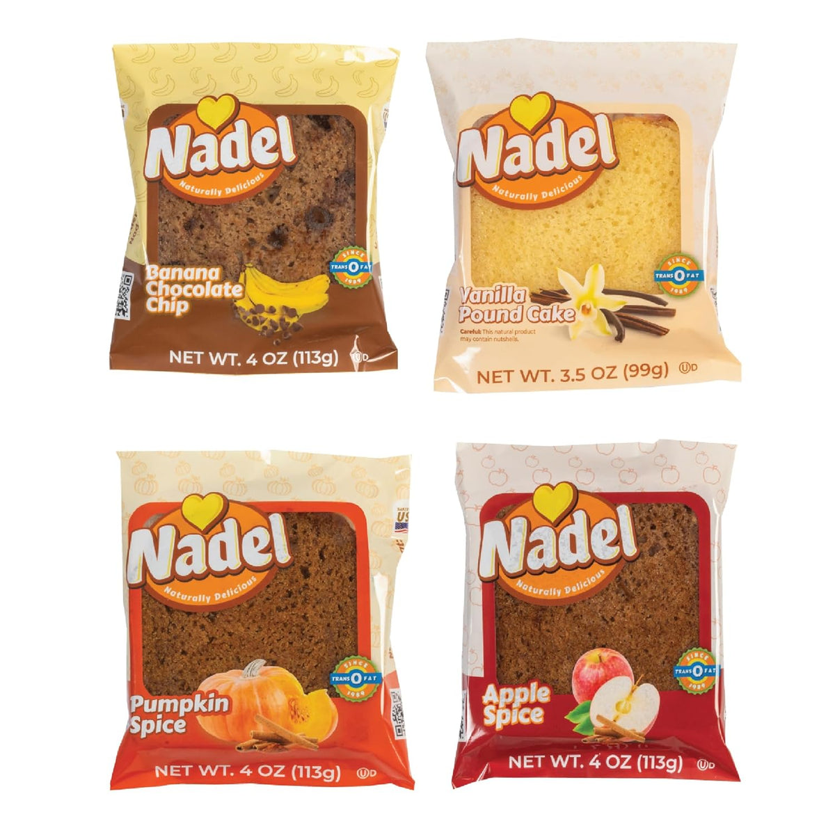 Nadel - Naturally Delicious Sweet Breads Variety Pack (Banana Chocolate Chip, Vanilla Pound Cake, Apple Spice, Pumpkin Spice). (4 Pack, 1 Bread Per Flavor)