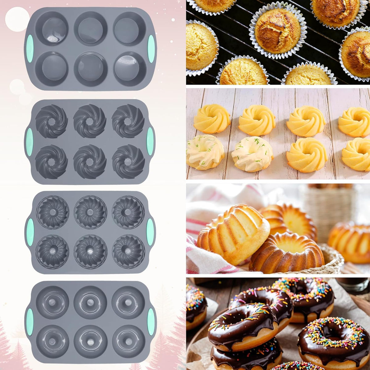 Tongjude 8 Pieces Silicone Donut Pans, Nonstick Silicone Muffin Pans, Heat Resistant Kitchen Oven Baking Cups, Dishwasher Safe and Microwave Safe, Grey