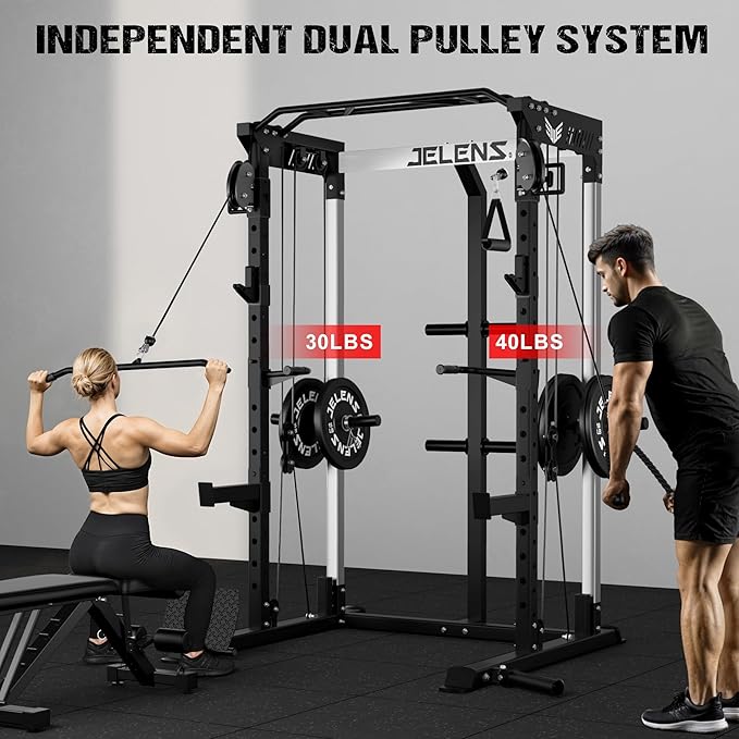 Power Cage, 2000LBS Multi-Function C21 Power Rack with Dual Pulley Cable Crossover System, All-in-One Squat Rack with More Training Attachments