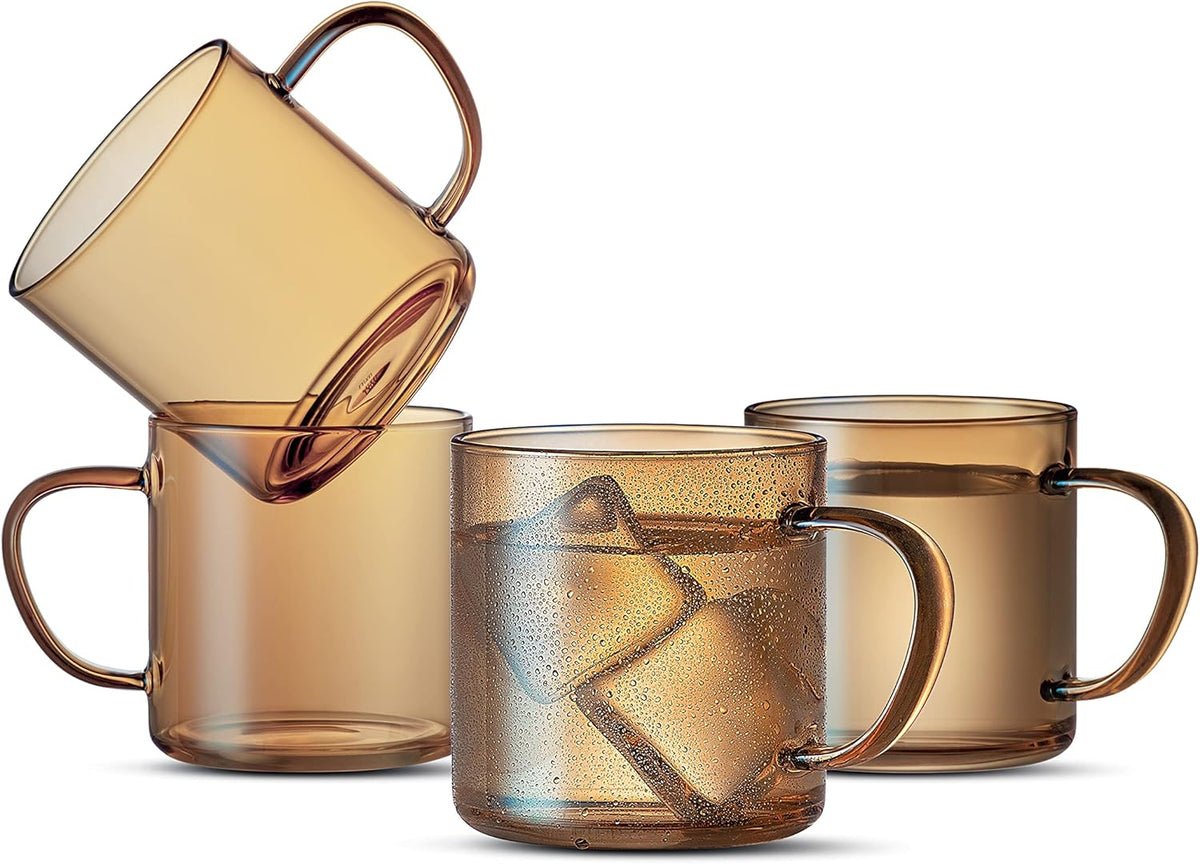 LUXU 4pcs Set Simple Glass Coffee Mugs-Hand Blown&Seamless Design,14 oz Amber Coffee Cups-Heat Resistant and Explosion-Proof,Lightweight Tea Mugs with Anti Scald Handle Ideal for Home,Cafe,Coffee Bar