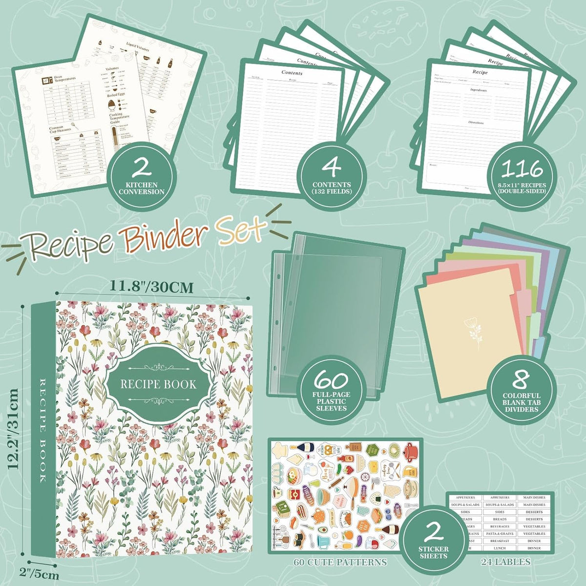 Lanpn Recipe Binder 8.5x11 3 Ring Kit, Blank Organizer Recipe Binder Waterproof Cookbook to Write in Your Own Recipes with 60 Plastic Sleeves,116 Recipes, Dividers,Labels & Stickers, Green
