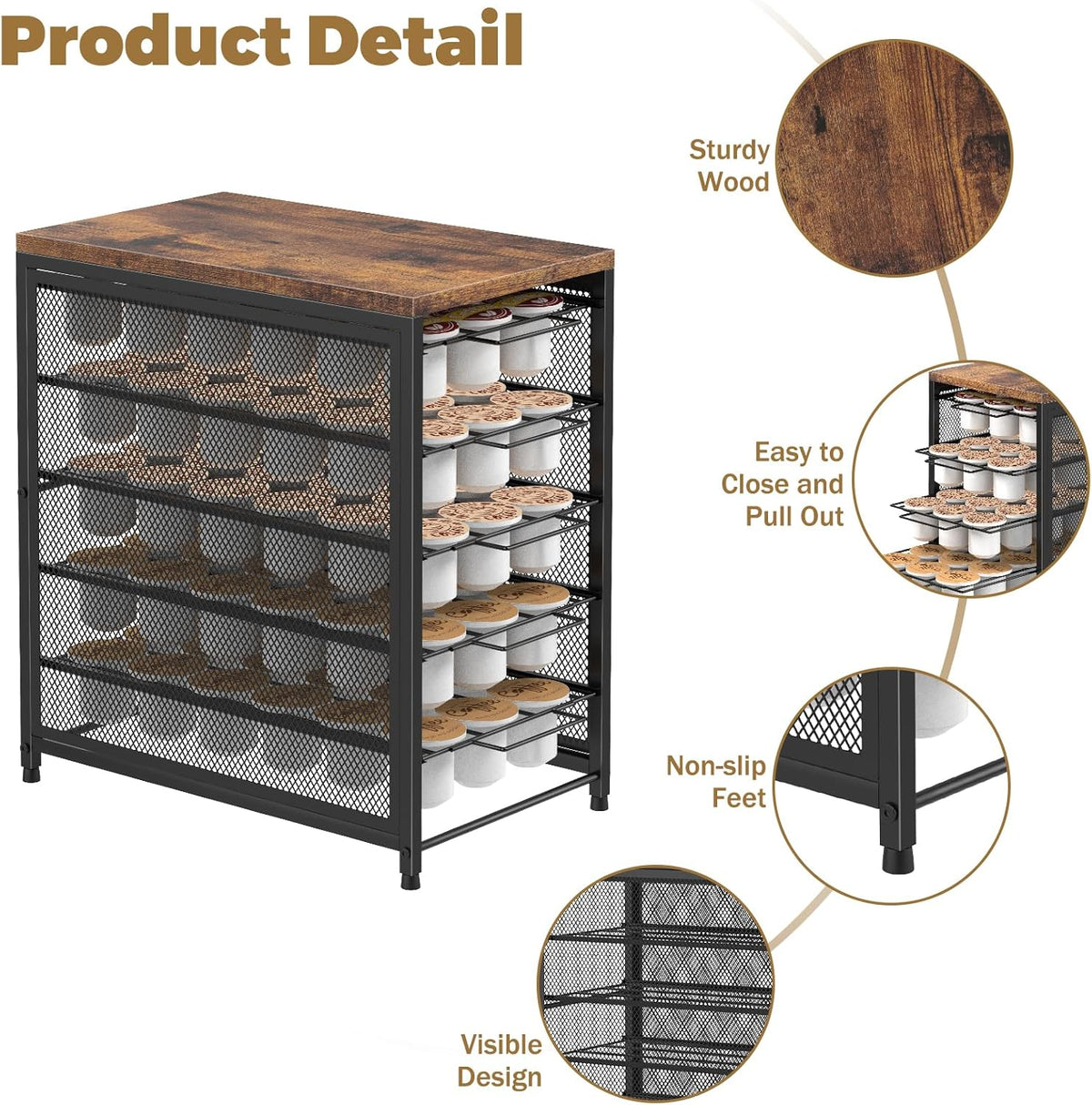 NANANARDOSO Coffee Pod Holder for Counter, 5 Tier Coffee Pod Drawer for Keurig Pod Storage Drawer Holder, 90 Capacity Pods Storage Organizer Cups Capsule with Sliding Baskets for Coffee Station