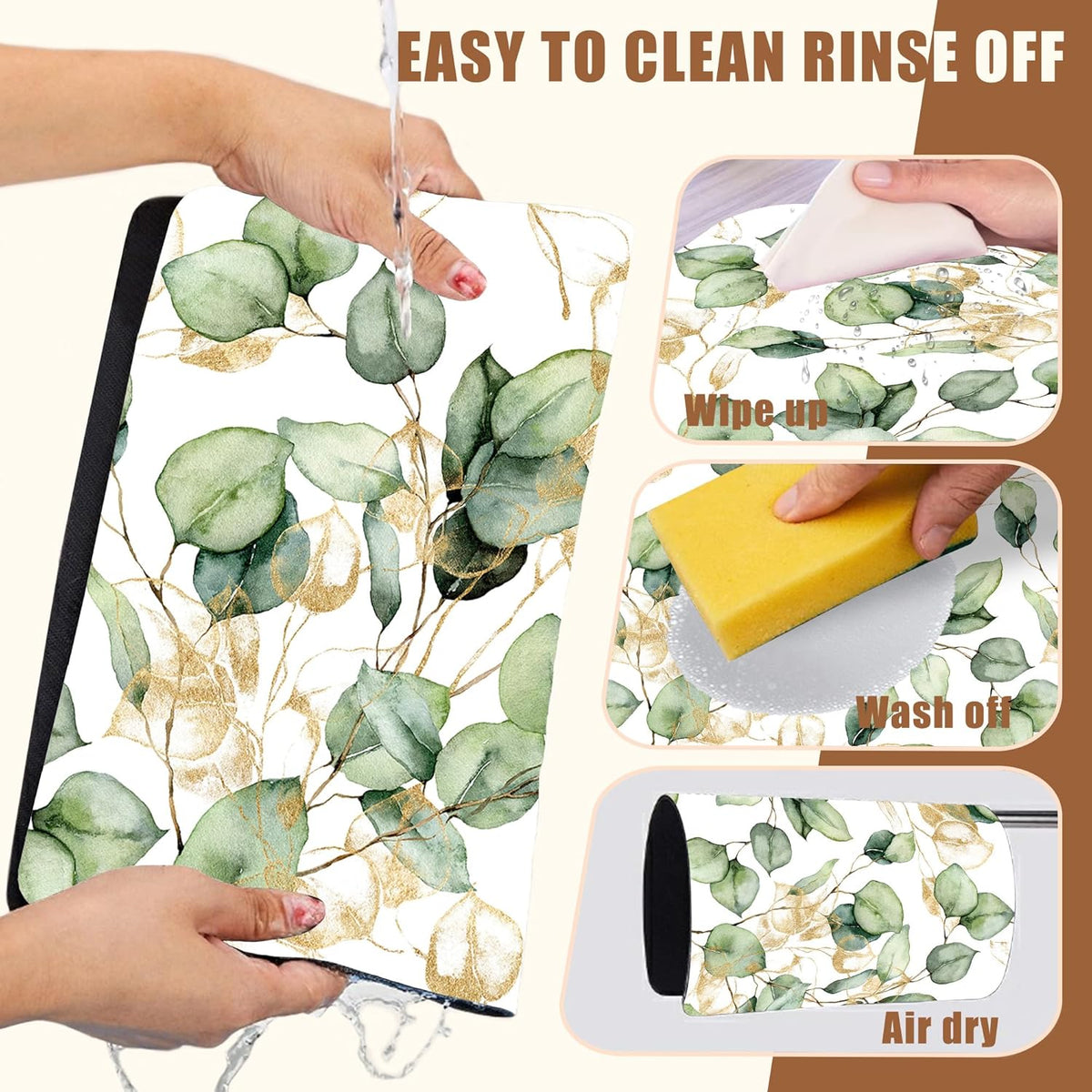 Gold and Green Eucalyptus Leaf Dish Drying Mat for Kitchen Counter Coffee Bar Mat Hide Stain Absorbent Rubber Backed Dish Drainer Rack Pad Coffee Pot Espresso Machine Accessories 15.7 x 23.6 Inch