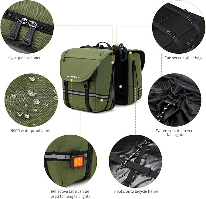 Bike Bag Accessories Panniers for Bicycle Rear Rack Bag 36L Waterproof Mountain Electric Bike Saddle Bag for Cycling Traveling Commuting Green