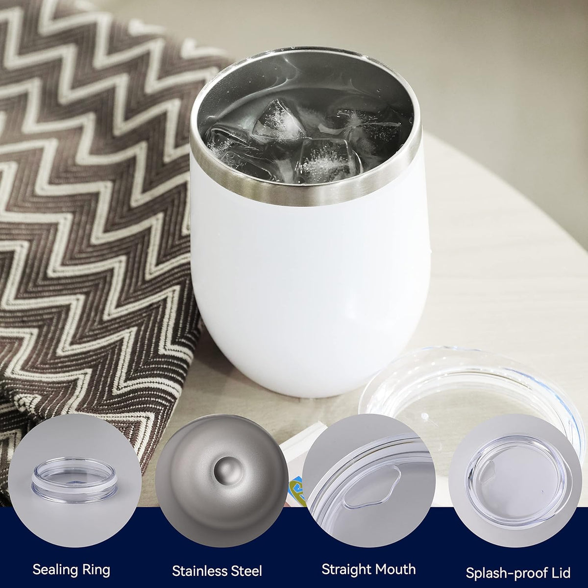 DOMICARE Stainless Steel Wine Tumbler Bulk with Lid, Personalized White Insulated Tumblers Set, 12oz Travel Coffee Cups Pack of 8