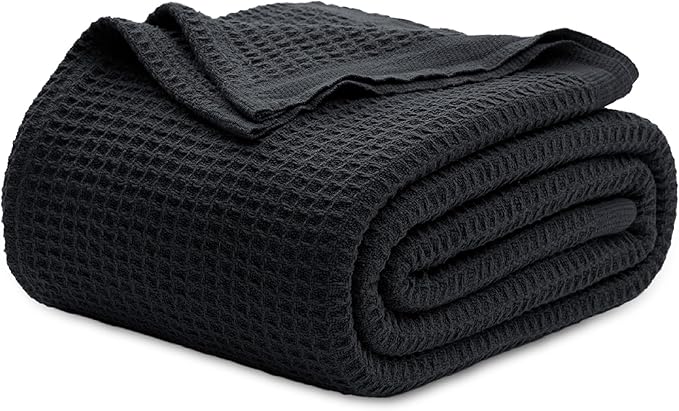 Bedsure 100% Cotton Blanket King Size for Bed - Breathable and Soft, Waffle Weave Blanket for Summer, Thick Cozy Fall Blankets for Women Gift, Black, 104x90 inches