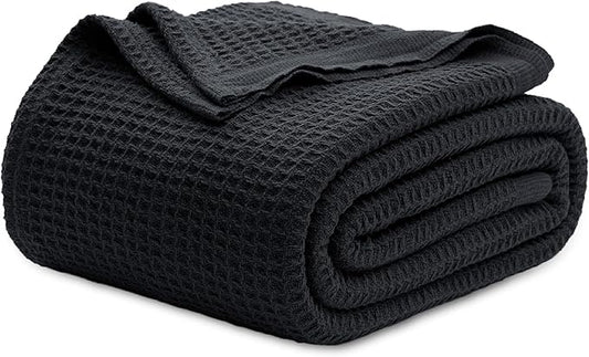 Bedsure 100% Cotton Blanket King Size for Bed - Breathable and Soft, Waffle Weave Blanket for Summer, Thick Cozy Fall Blankets for Women Gift, Black, 104x90 inches