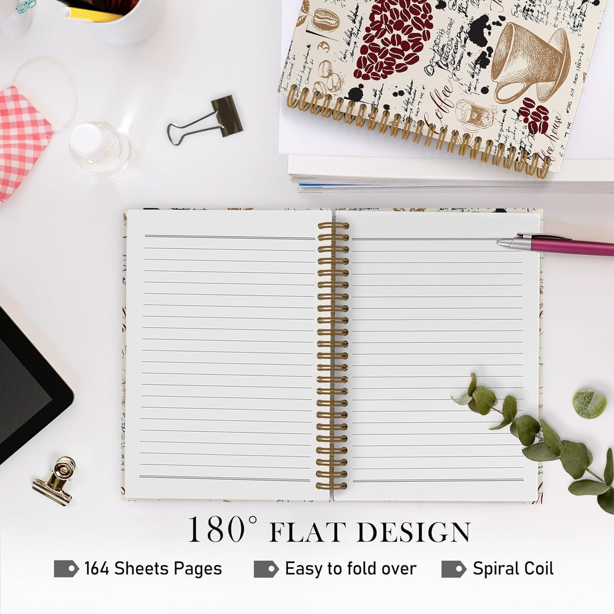Coffee Spiral Notebook, Coffee Lover Gifts, Coffee Bean Notebook, Coffee Themed Journal Notebooks for School Work, Coffee House Office Supplies Gifts for Coffee Drinkers Women Men, 5.5x8.3Inch
