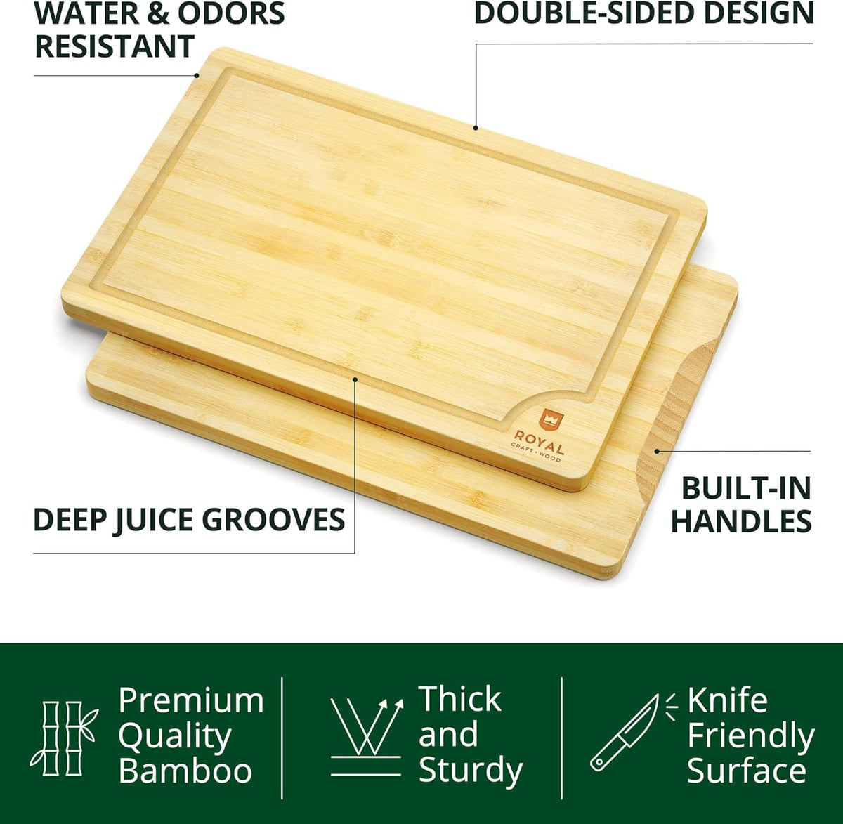 Chopping Board Set of 2 - Wooden Cutting Boards for Kitchen Meal Prep & Serving - Bamboo Wood Cutting Board Set - Charcuterie & Chopping Butcher Block for Meat - Kitchen Gadgets Gift