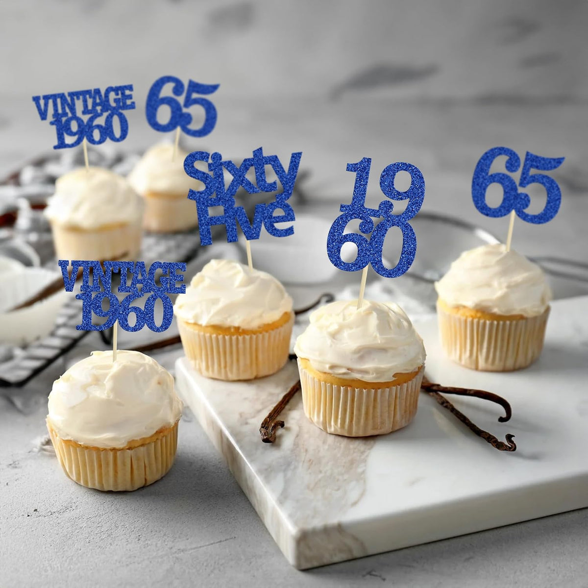 Gyufise 24Pcs Vintage 1960 Cupcake Toppers Glitter Cheers to 65 Fabulous Sixty Five Cupcake Picks 65th Birthday Wedding Anniversary Party Cake Decorations Supplies Deep Blue