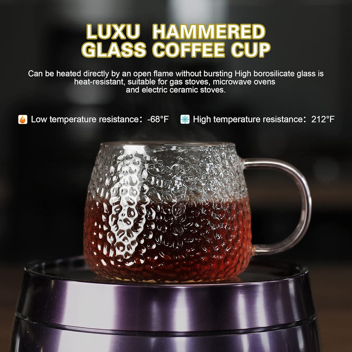 LUXU Hammered Tea Cups,Glass Coffee Mugs,Set of 6 Coffee Cups with Different Color Handles-15 oz,Prefect for Cappuccino,Latte,Water,Mocha,Milk,Widely Used for Cafes,Home and Office