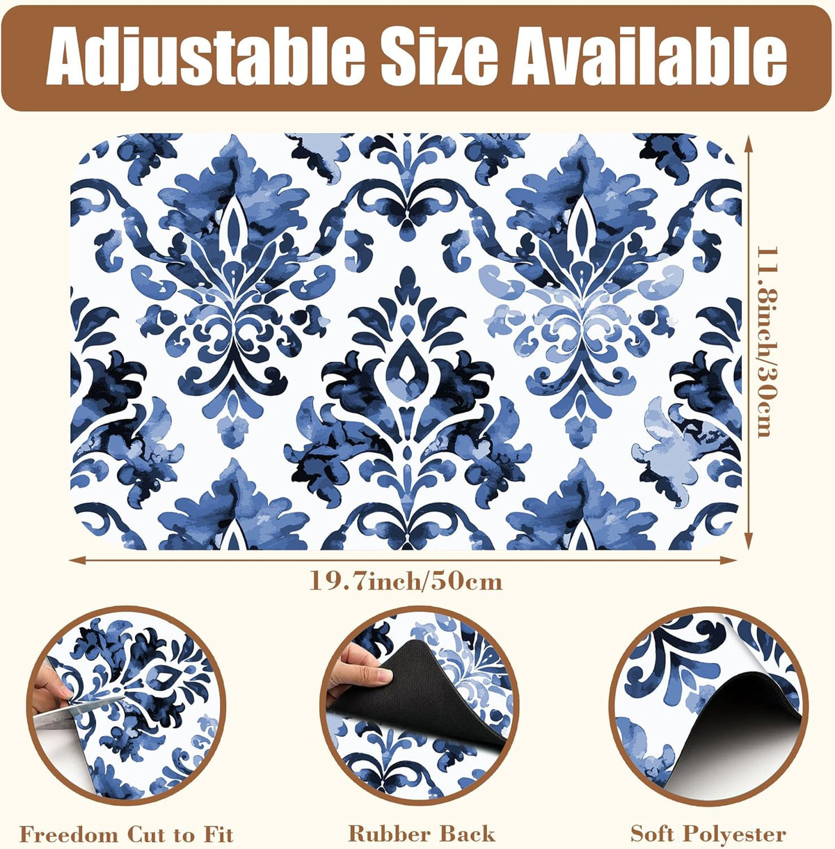 Blue Damask Flower Dish Drying Mat for Kitchen Counter Bar Mat Hide Stain Absorbent Rubber Backed Coffee Maker Espresso Machine Bar Accessories 11.8 x 19.7 Inch