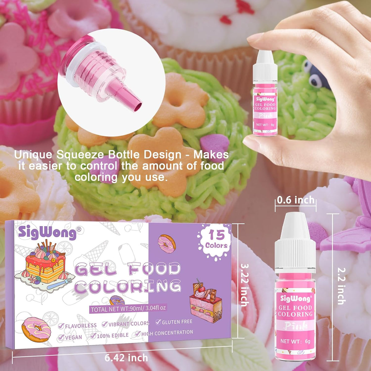 Gel Food Coloring - 15 Colors Flavorless Gel Based Food Color Dye, Vibrant Edible Concentrated Food Coloring for Cake Cookie Decorating, Easter Egg, Icing, Fondant, Baking, Macaron (6g/Bottle) - Vegan