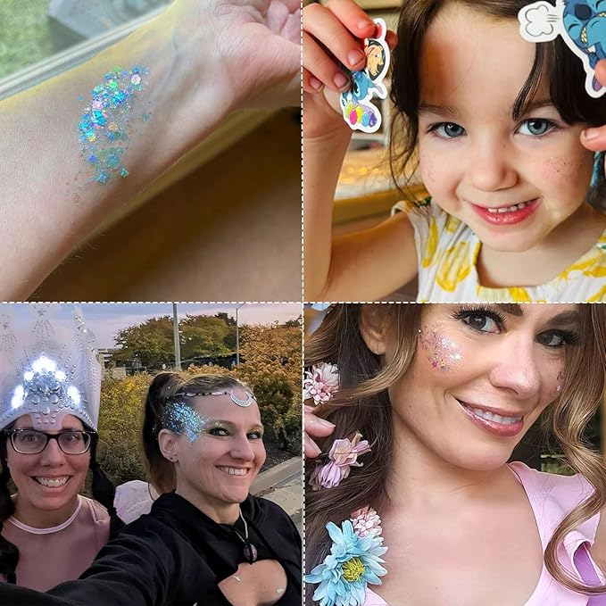 Body Face Glitter Makeup for Kids Women, Sparkly Chunky Hair Glitter, Mermaid Birthday Decorations Rave Outfits for Women (Gold Body Glitter)