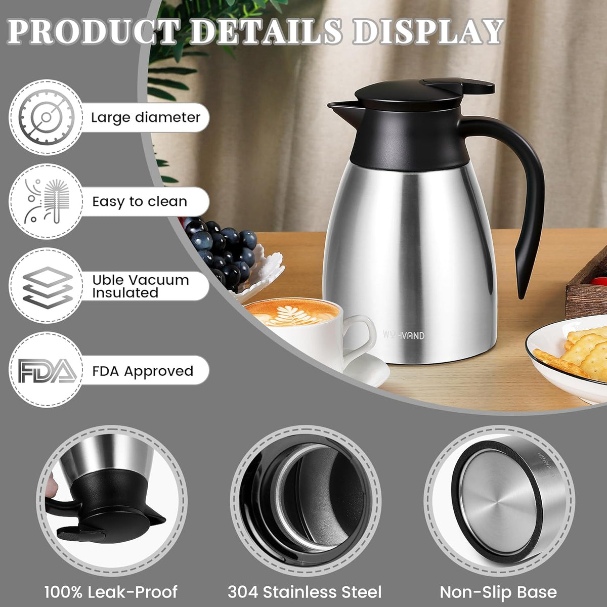 34 Oz Thermal Coffee Carafe, Stainless Steel Insulated Vacuum coffee crafts to keep coffee hot, 1 Liter Tea Water Coffee and Beverage Dispenser (Silver)