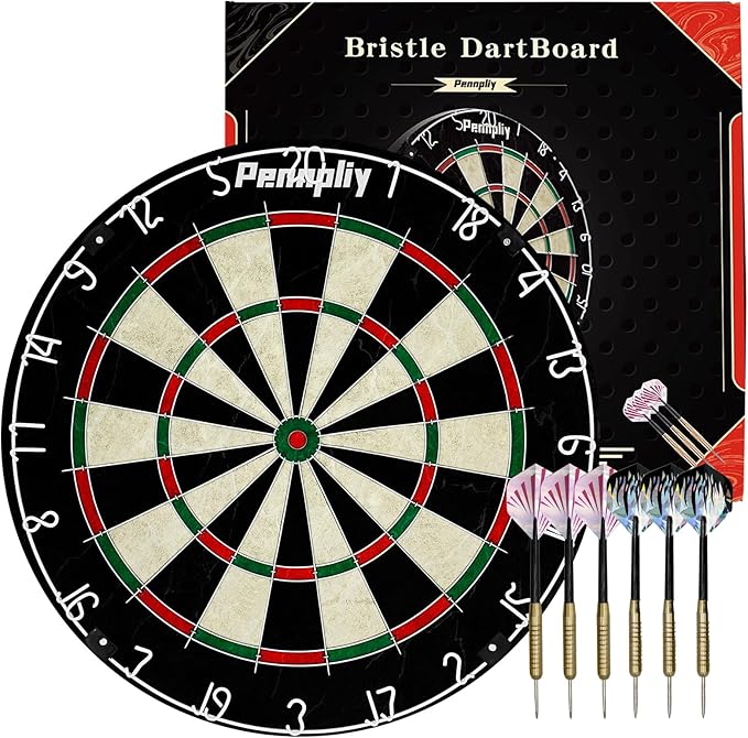 Bristle Dart Board Set, Professional Dart Board 18" with 6pcs 18g Darts Outdoor Dartboard Set, Compressed Sisal Metal Wire Board with Rotating Number Ring