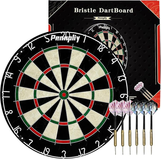 Bristle Dart Board Set, Professional Dart Board 18" with 6pcs 18g Darts Outdoor Dartboard Set, Compressed Sisal Metal Wire Board with Rotating Number Ring