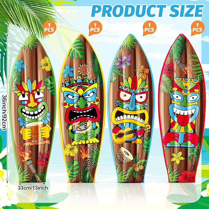 4 Pcs 36 Inch Tiki Inflatable Surf Board Tiki Party Decorations Blow up Surfboard Bar Decorations Inflatable Pool Floats for Hawaiian Luau Tropical Beach Party Supplies Outdoor Decor