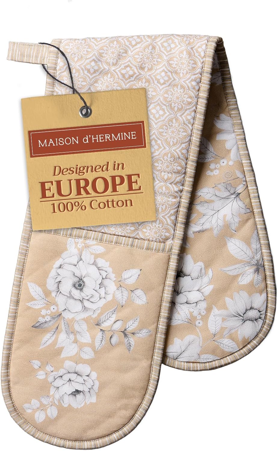 Maison d' Hermine Double Oven Mitts 100% Cotton 7"x35" Double Oven Mitt Heat Resistant BBQ Cooking Gloves with Loop, Baking, Grilling, Home, Kitchen, Handling Hot Pans (Pretty Autumn)