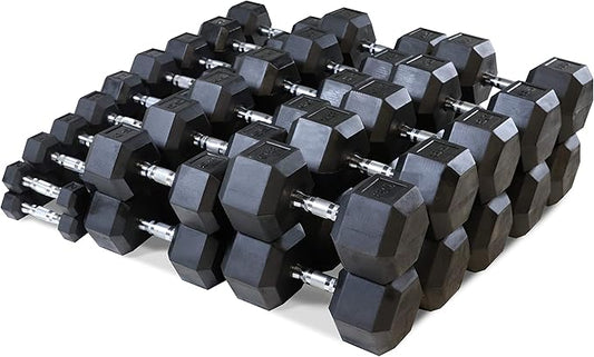 WF Athletic Supply Rubber Coated Hex Dumbbell Set, Multiple Choices Available - Dumbbells with Rack Stand and Mat, or Dumbbells Only (200/550/1200/2100/3000 LB)