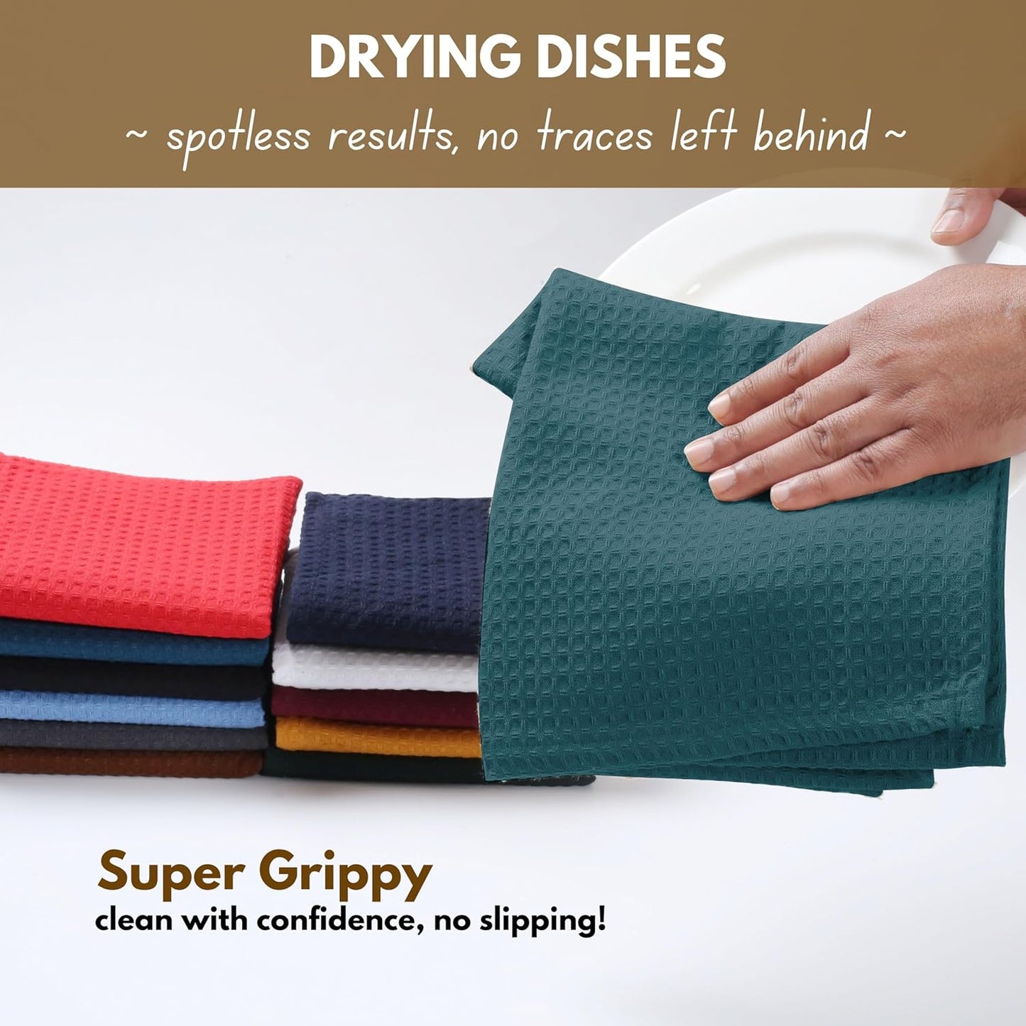 Native Fab Cotton Kitchen Towel with Hanging Loop 16x26 inches, 6-Pack, Waffle Weave Kitchen Towels for Cleaning Drying, Washcloths Soft & Absorbent Cloth Rags, Bar Towel, Dish Cloth, Teal Green