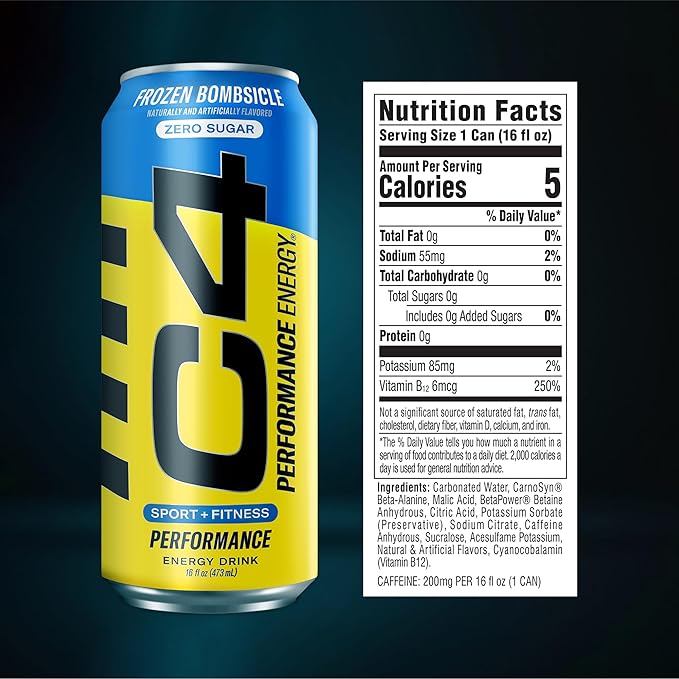 C4 Performance Energy Drink | Zero Sugar Carbonated Preworkout Energy | 200mg Caffeine with Beta Alanine | Frozen Bombiscle | 16 Fl Oz (12 Pack)