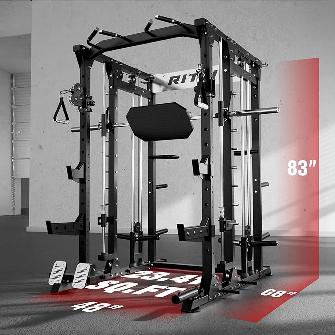 RitFit Buffalo Smith Machine, Power cage with LAT-Pull Down System & Cable Crossover System, All-in-One Squat Rack for Home Gym, Power Rack