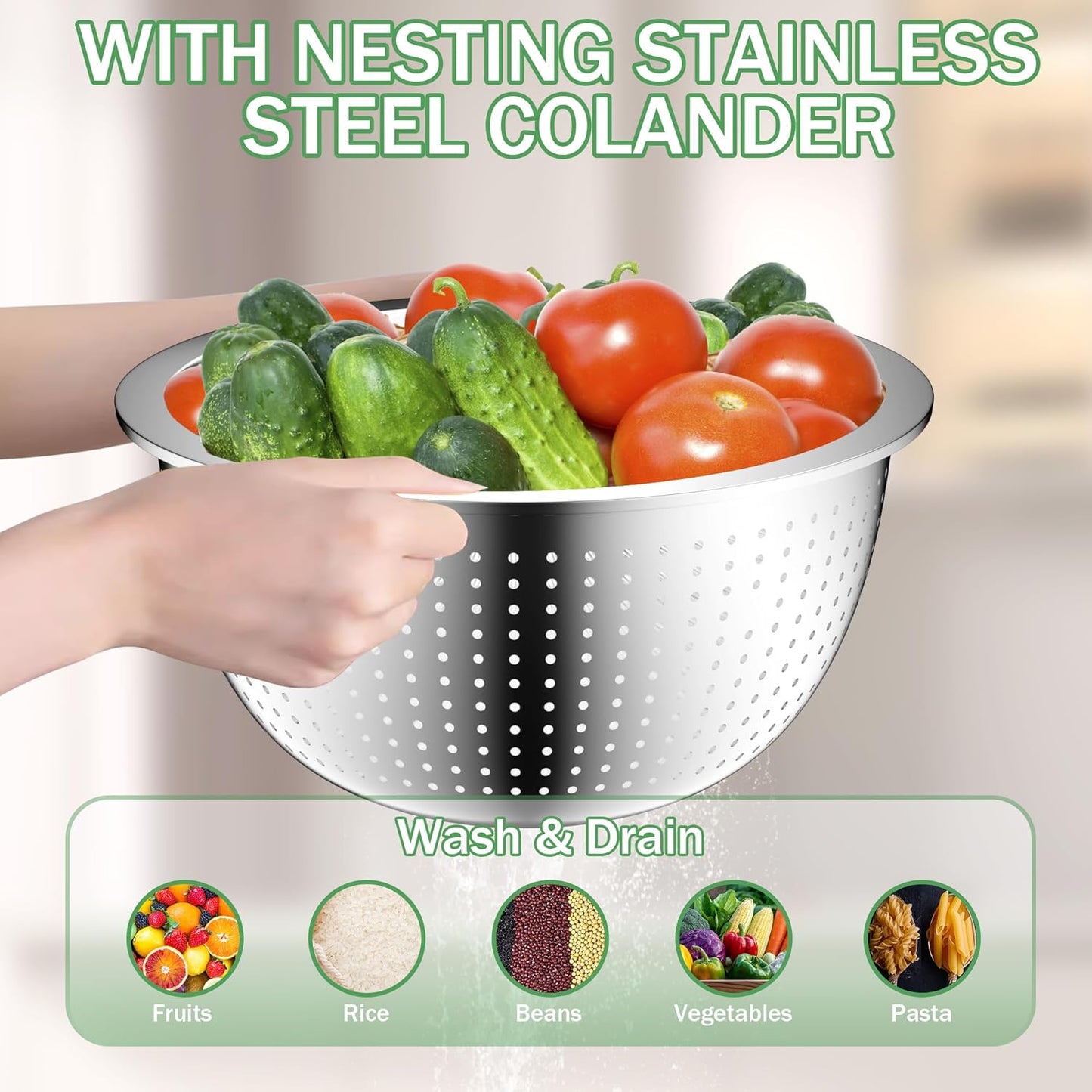 Mixing Bowls with Lids Set, Stainless Steel Mixing Bowls with Colander, Strainer with Mixing Bowl Set, Kitchen Gadgets Bowl Christams Gift, Size 4, 2.5, 2, 1.5QT - Black