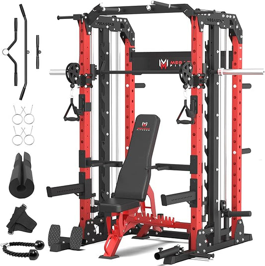 Smith Machine Home Gym with Aluminum Pulley Set- 2000lbs Capacity All-in-One Power Rack with Cable Crossover, Pull-Up Bar & Dip Station, Includes 18 Attachments, P107 Anvil