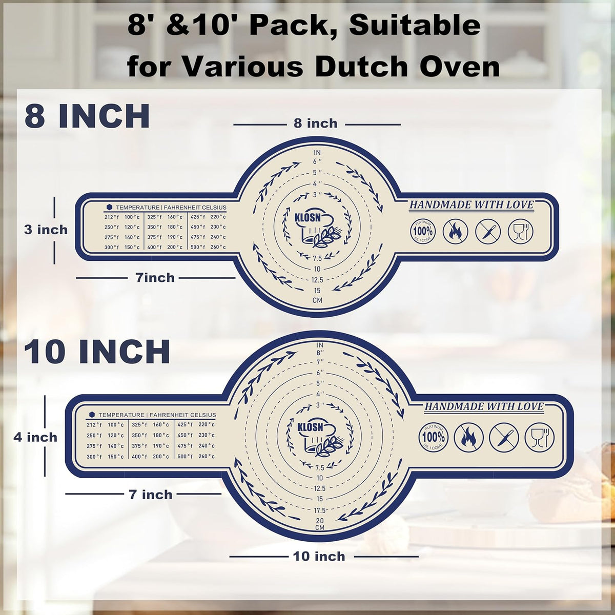 Silicone Bread Sling for Dutch Oven, 2 Pack (8" & 10" Round) – Non-Stick & 500°F Heat Resistant Sourdough Mat, Easy to Clean, Reusable Food-Grade Sourdough Slings - Fits 5–7 qt Dutch Ovens